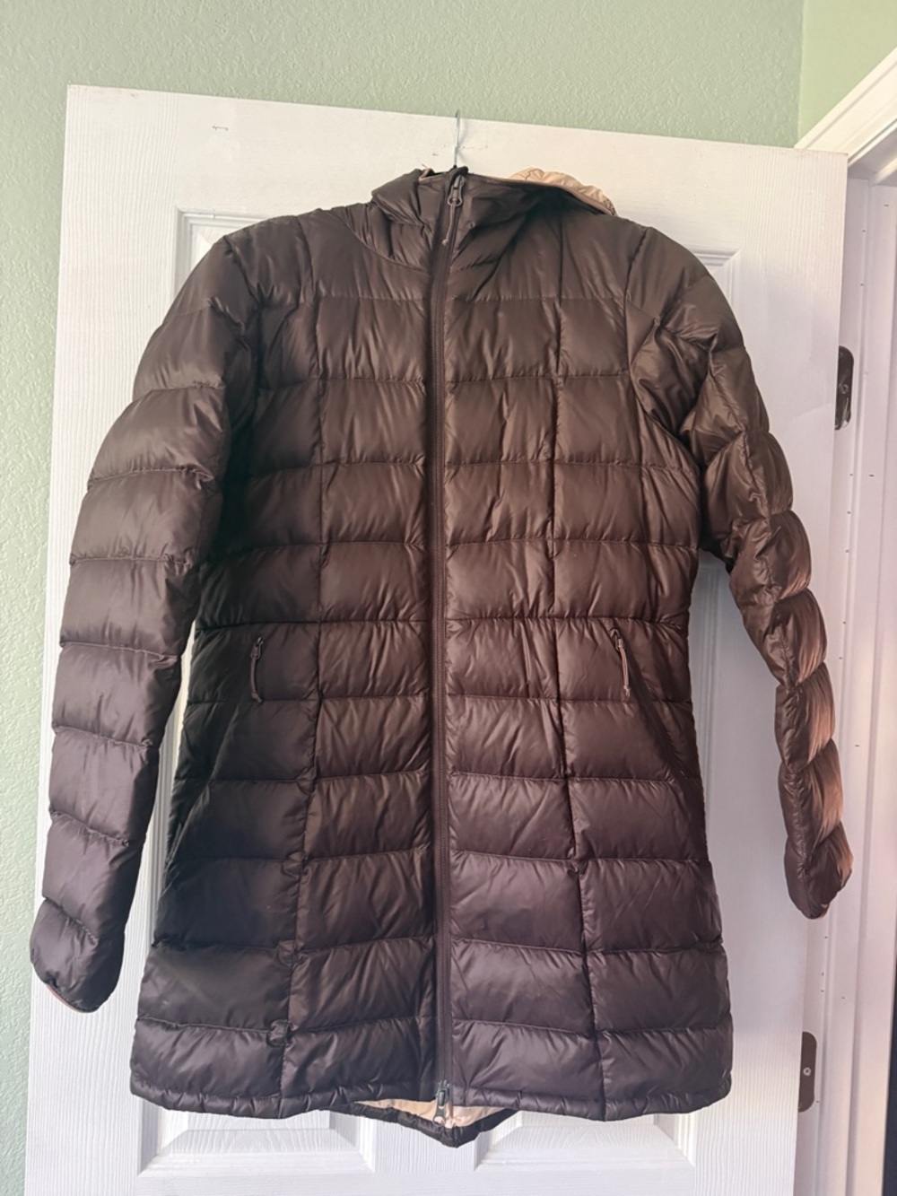 REI Women's Long Brown Puffer Coat with Hood